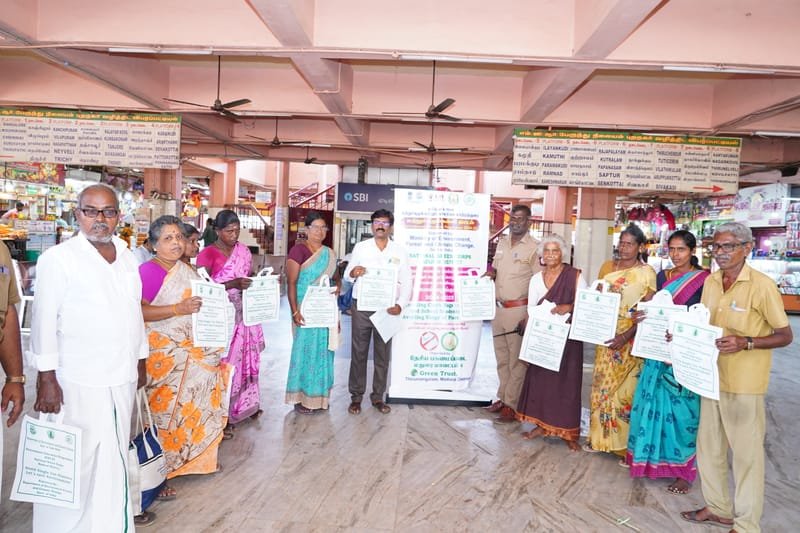 Community outreach encouraging daily adoption of reusable cloth bags in Madurai.